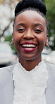 Face, laugh and black woman in city for business, finance career or smile with job satisfaction. Portrait, funny person and professional outdoor with confidence, investment consultant or happy worker