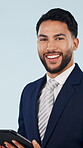 Face, business and man in studio with tablet, research and schedule viewing for real estate. Portrait, smile and male realtor with digital, listing information and auction property on blue background