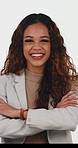 Face, smile and business woman with confidence, laughing or hr worker on white background. Studio, arms crossed and happy female person, recruitment professional or talent acquisition specialist