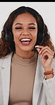 Face, telemarketer and woman with headset in studio, lead generation and communication with contact. Call center, agent and happy person with mic for chat, white background or talking with technology