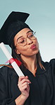 Selfie, graduate and woman in studio with scroll for university degree, certificate or diploma. Happy, pout and college student with photography picture for education achievement on blue background