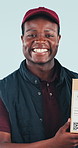 Face, courier and black man with box in studio for ecommerce, logistics and supply chain. Portrait, happy delivery guy and package for distribution, shipping and online shopping on white background