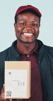 Face, delivery and black man with box in studio for ecommerce, logistics and supply chain. Portrait, happy courier and package for distribution, shipping and online shopping on white background