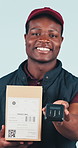 Face, delivery and black man with POS machine in studio for ecommerce, logistics and supply chain. Portrait, happy courier and payment for package, shipping and online shopping on white background