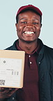 Face, courier and black man with package in studio for ecommerce, logistics and supply chain. Portrait, happy delivery guy and box for distribution, shipping and online shopping on white background