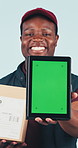 Face, delivery and black man with tablet for green screen, logistics and supply chain in studio. Portrait, happy courier and mockup space for package, shipping and online shopping on white background