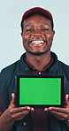 Face, delivery and black man with tablet for green screen, logistics and supply chain in studio. Portrait, happy courier and mockup space for shipping, app or online shopping on white background