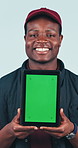 Face, courier and black man with tablet for green screen, logistics and supply chain in studio. Portrait, happy delivery guy and mockup space for post, shipping or online shopping on white background
