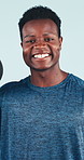 Face, weights and man in studio for exercise, fitness and bodybuilder workout for muscle strength. Happy, portrait and African person with dumbbells, weightlifting and training on blue background