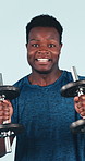 Face, black man and dancing in studio with dumbbells, fitness and success of strength training. Portrait, male person or rhythm with equipment, workout achievement and bodybuilding on blue background