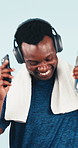 Health, dance and phone with black man and headphones for streaming, workout playlist and water bottle. Happy, audio subscription and training music with person on white background studio for fitness