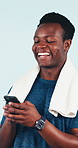 Fitness, laugh and man with phone for online communication, meme or text message in studio. Smile, black person and athlete typing with mobile, funny post and exercise joke with health on background