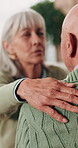Friends, hand and elderly people with support, care and appreciation for lifelong relationship. Empathy, senior woman and man in retirement home for visit, compassion or talking with connection