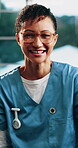Face, glasses and healthcare with happy nurse in hospital for care, help or medical support. Confidence, eyewear and smile with health professional laughing at clinic for aid, service or wellness