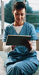 Healthcare, tablet and review with nurse in hospital for agenda, care or medical support. App, scrolling and and telehealth with happy professional at clinic for planning, research or schedule