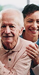 Face, nurse or old man in home with love, happy relationship or bonding in retirement care. Smile, caregiver or senior person with friendly embrace, kindness or patient connection in assisted living.