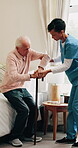 Cane, physiotherapist and bedroom of old man with help for walking, mobility or osteoporosis. Senior patient, aid or nurse for assisted living, balance or rehabilitation support in retirement home
