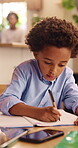 Writing, child and book in home for education, homework and homeschooling course for learning. Study, notebook and kid with knowledge for lesson, development or productivity in academic assessment