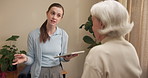 Senior, woman and physiotherapist on tablet for consulting, report and healing for osteoarthritis. Healthcare, tech and physical therapist with patient for wellness, advice and support for mobility