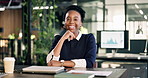 Analyst, face and happy woman with pride in office for company development or improvement. Portrait, female person or employee with smile for analytics, data management or progress in workplace