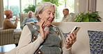 Phone, wave and senior woman on video call in care home for hello, retirement update and connection. Happy, elderly person and virtual chat in assisted living with greeting, catch up and conversation
