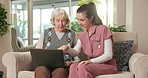 Help, laptop and caregiver with senior woman for tech assistance, internet and telehealth website. Nursing home, explain and nurse with elderly patient on computer for connection, support and info