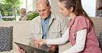 Help, laptop and caregiver with senior man for tech assistance, internet and telehealth website. Nursing home, explain and nurse with elderly patient on computer for online account, support and info