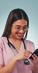 Smile, woman and nurse scrolling with phone for good news, medical research or telehealth on app. Wow, glasses and healthcare worker on cellphone for email, update or feedback on patient report.