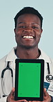 Laugh, tablet and face of doctor with green screen for medical news, telehealth app and advertising. Happy, portrait and black man with tech, mockup space and healthcare info on studio background