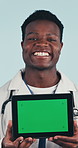 Studio, tablet and face of doctor with green screen for medical news, telehealth app and advertising. Happy, portrait and black man with tech, mockup space and healthcare info on blue background
