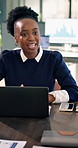 Finance, meeting or black woman in office with laptop, forecasting or growth plan in budget review. Strategy, team or business analyst with tech, profit outlook or revenue projection in discussion.