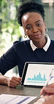 Meeting, stats or woman in agency with tablet screen, forecasting or growth plan in budget review. Finance, team or data analyst with tech, profit outlook or revenue projection in strategy discussion