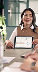 Meeting, data or woman in office with tablet screen, forecast or growth plan in budget review. Finance, team or stats analyst with tech, profit outlook or revenue projection in strategy discussion.