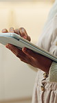 Hands, tablet and scroll in house for internet, news or blog post with online information. Technology, search and person with app to check article, newsletter and browsing website at apartment