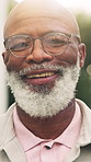 Smile, face and senior man in backyard for morning, fresh air or comfort for retirement with flare. Portrait, black person and happy with glasses outdoor by home for weekend break, wellness or relax