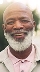 Smile, face and senior man outdoor for morning, fresh air or comfort for retirement with flare. Portrait, black person and happy with glasses in home backyard for weekend break, wellness or relax