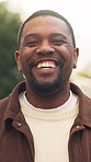 Smile, backyard and face of black man in new home for real estate development, laugh and relax. Homeowner, property investment and portrait with happy person outdoor for flare, security and joke