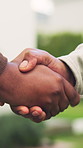 Handshake, meeting and thank you with people in park for business, agreement or b2b partnership. Collaboration, deal and welcome with employee team shaking hands outdoor for opportunity or support