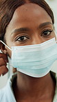 Woman, health or remove face mask with protection, safety from disease and end of medical compliance. Rule, regulation and happy black person taking off facial cover, healthcare and hygiene protocol