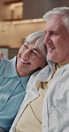 Love, thinking or old couple in house with hug, support or bonding together on weekend break. Happy, peace or elderly people with connection, relationship reflection or romantic moment in retirement