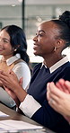 Happy, woman and applause at business workshop for staff training, speech agreement and learning. Office, person and clapping hands in seminar for team insight, career upskill and meeting engagement