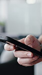 Businessman, hand and typing in office with phone, work email and online notification for text message. Person, browse and tech in workplace with website, mobile chat or download application for job.