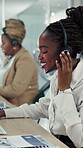 Telemarketing, woman or mic with computer in call center for needs assessment, finance offer or chat. Financial agent, happy black person and tech for product knowledge, explain service and coworking