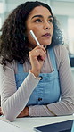 Thinking, laptop and businesswoman in office with planning, reflection or choice on legal career. Technology, job opportunity and attorney with decision on law case with solution or problem solving.