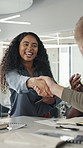 Business people, applause and creative meeting with handshake in office for brainstorming deal. Group, agreement or discussion with staff for project schedule, agenda or work delegation for support