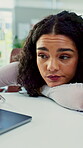 Business, woman and tired with laptop in office for editing burnout, info overload and first job. Intern editor, sleepy and low energy at tech from mental fatigue, workload or tedious source research