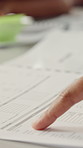 Person, hands or accounting with document for business income, salary or profit in office. Closeup, accountant or checking company finance with paperwork, pay slip or invoice for revenue in workplace