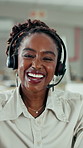 Face, woman and talk in office with telemarketing, smile or discussion for sale of internet service. Happy, black person and speaking in call center with headset, advice and sell wireless network.