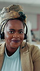 Face, telecom and black woman in office with customer service, discussion or human resources support. Happy, African person and HR consultant speaking in call center with advice, help and assistance.