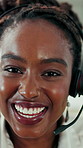 Face, woman and telecom in office with customer service, smile and discussion for technical support. Happy, black person and speaking in call center with contact, troubleshooting or help desk advice.